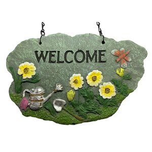 Welcome Wall Plaque Flowers Watering Can Polyresin Garden Hanging Sign 10" x6"
